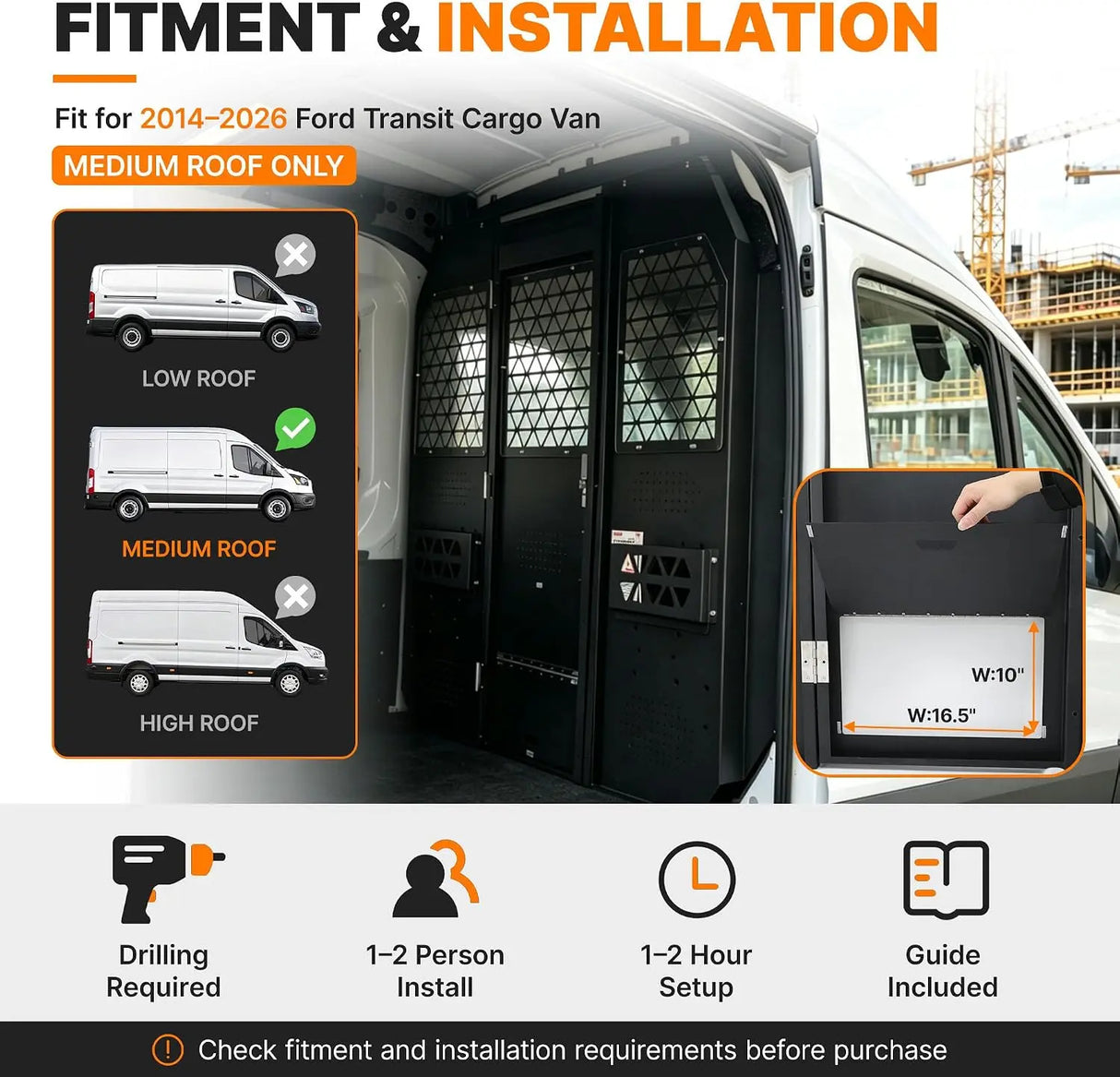 Melipron Ford Transit Van Partition & 42″ W x 60″ H x 13″ D Steel Shelving, Fits Transit 150/250/350 Mid-Roof 2014–2026
