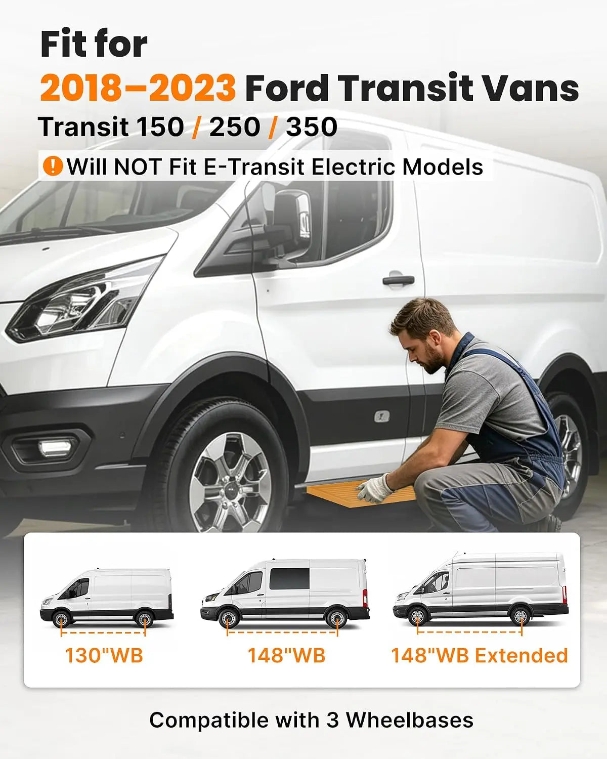 Running Board Fits for Ford Transit 150, 250, 350, Aluminum Rear Side Steps for Van No-Drilling Required-5