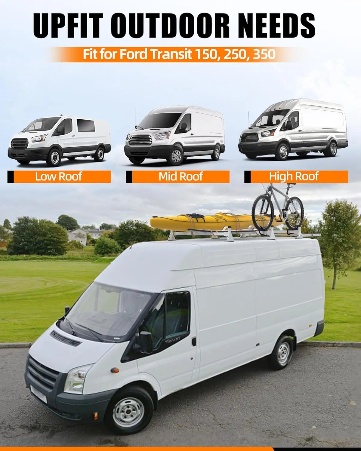 Cargo Van Roof Ladder Rack with 36" Rear Roller (NOT Affect Brake Light) Fit for Ford Transit 150 250 350, Low/Mid/High Roof, 800 Lbs Capacity Steel Ladder Rack for Van, No‑Drill Required-7