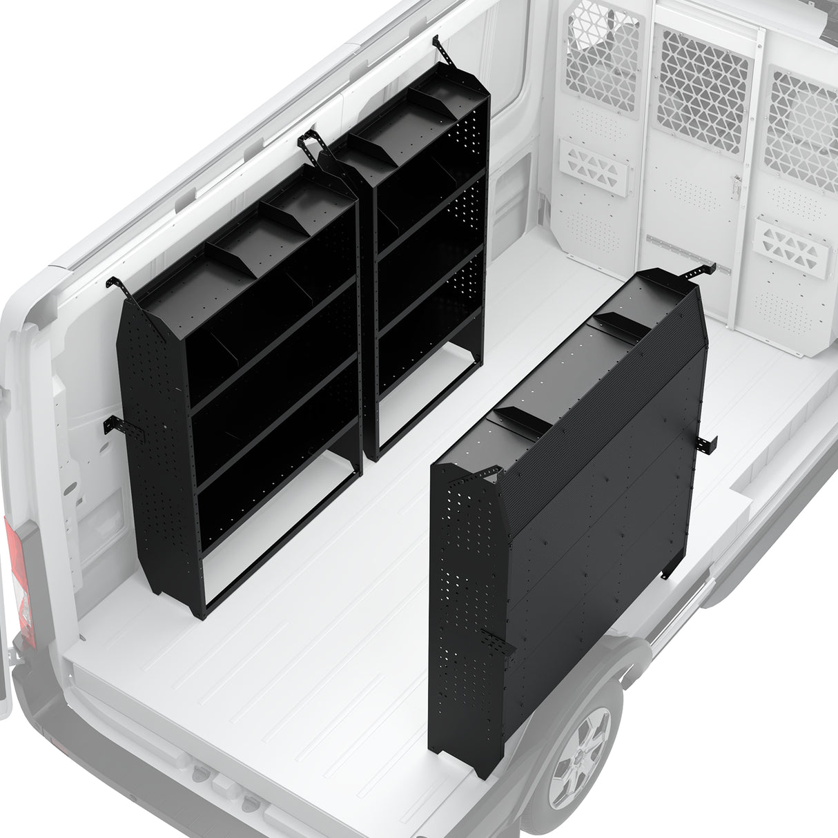 Melipron 3-Piece Steel Cargo Van Shelving, 32″ + 42″ + 52″ W x 60″ H x 13″ D, Complete Work Van Storage System
