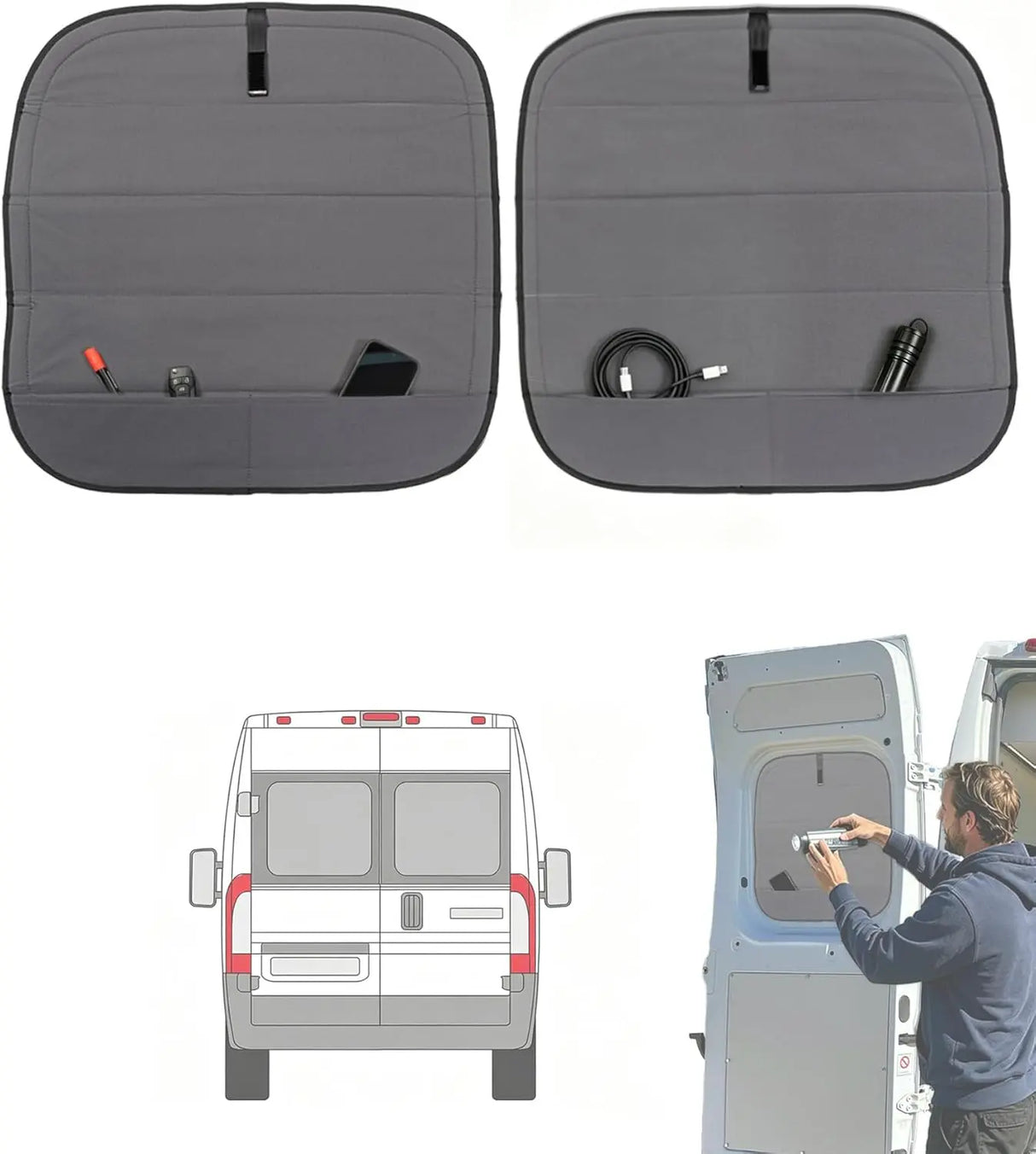 Melipron Magnetic Insulated Rear Door Window Covers for 2014-2026 RAM ProMaster with Storage Pouches – 1