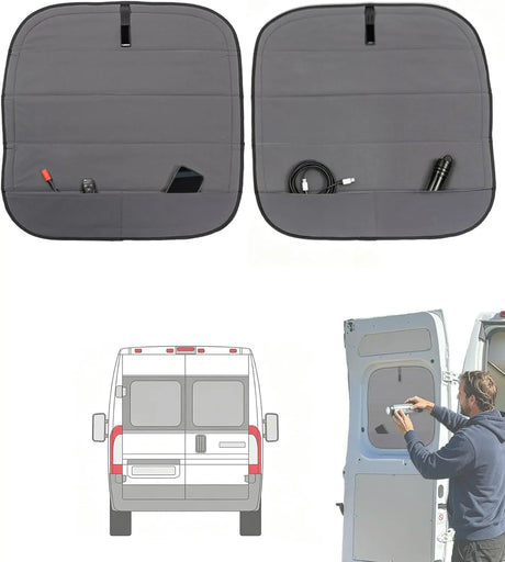 Melipron Magnetic Insulated Rear Door Window Covers for 2014-2026 RAM ProMaster with Storage Pouches – 1