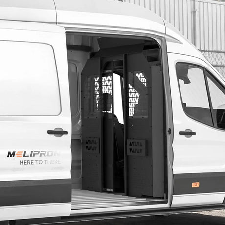 Melipron Ford Transit High Roof Van Bulkhead Partition with Locking Sliding Door - Black -1