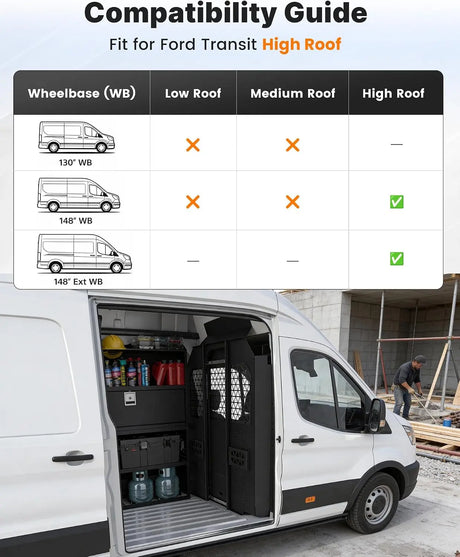 Melipron Ford Transit High Roof Van Bulkhead Partition with Locking Sliding Door - Black -2