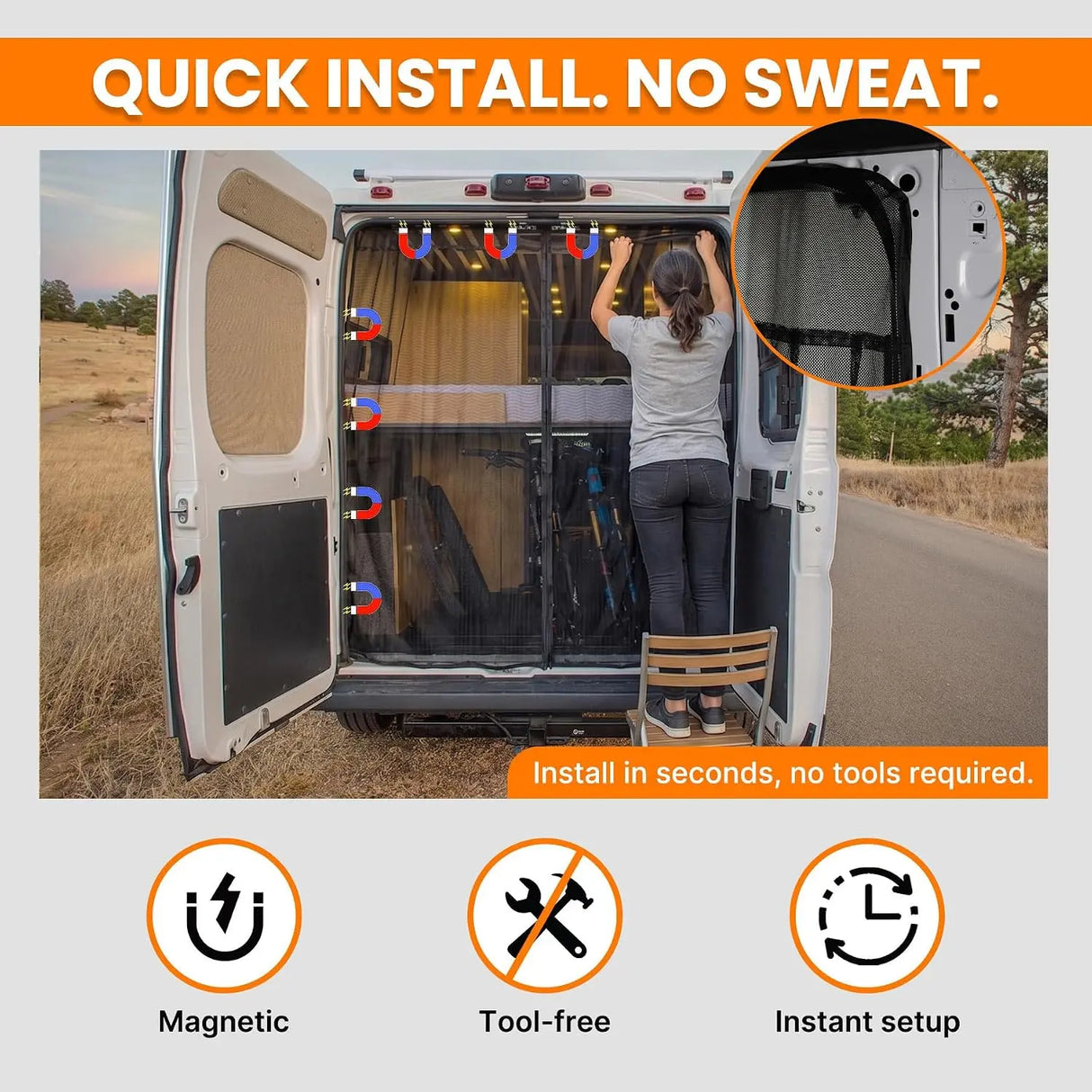 Melipron Van Ventilation & Privacy Kit – Magnetic Roof Vent Cover + Rear Door Bug Screen for Camper Vans