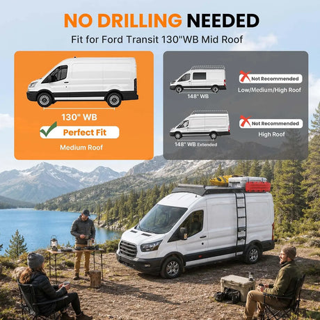 MELIPRON Aluminum Roof Rack for Ford Transit 130" WB Mid Roof with Wind Fairing & T-Slot Crossbars -2