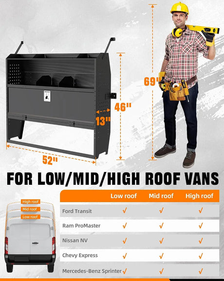 MELIPRON 46"H x 13"D Cargo Van Shelves with Lockable Door Kits for Transit Connect, Promaster City, Chevy City Express, Nissan NV200