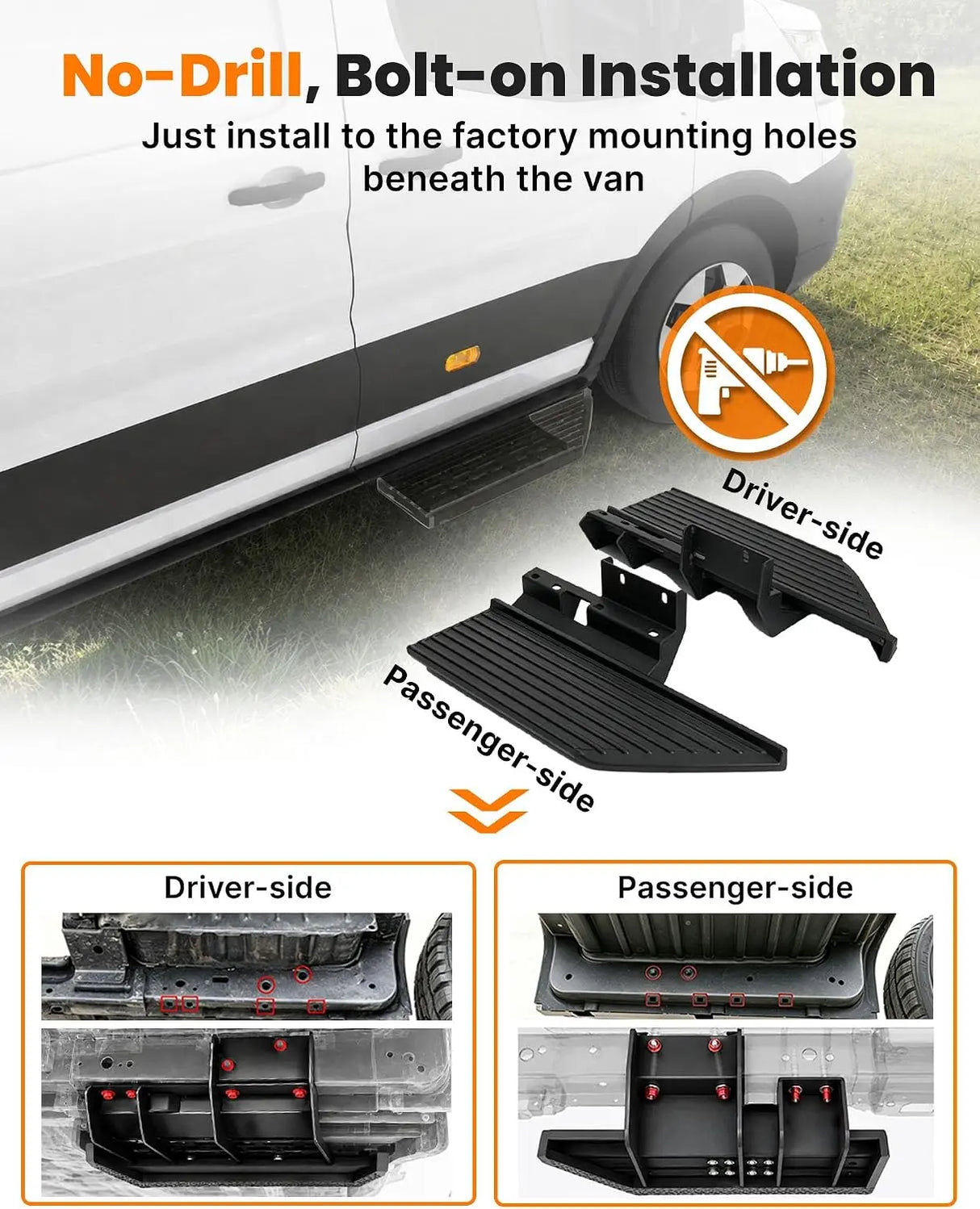 Running Board Fits for Ford Transit 150, 250, 350, Aluminum Rear Side Steps for Van No-Drilling Required-6