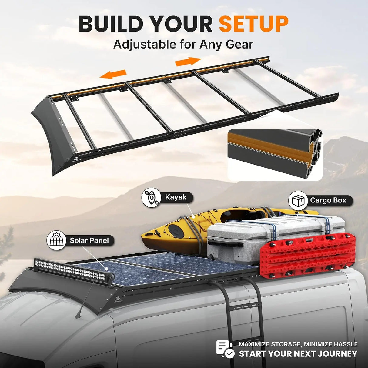 MELIPRON Aluminum Roof Rack for Ford Transit 130" WB Mid Roof with Wind Fairing & T-Slot Crossbars -3