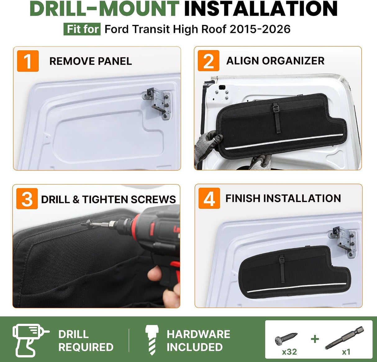 Melipron Full Rear Door Storage System for Ford Transit High Roof 150/250/350 2015–2026 – Upper, Middle & Lower Organizer Kit