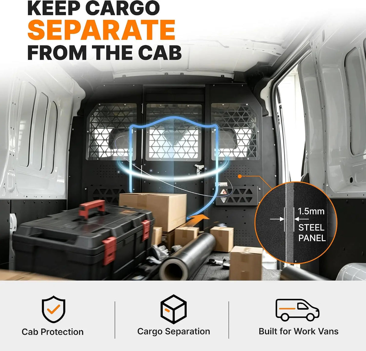 Melipron Ford Transit Van Partition & 42″ W x 60″ H x 13″ D Steel Shelving, Fits Transit 150/250/350 Mid-Roof 2014–2026