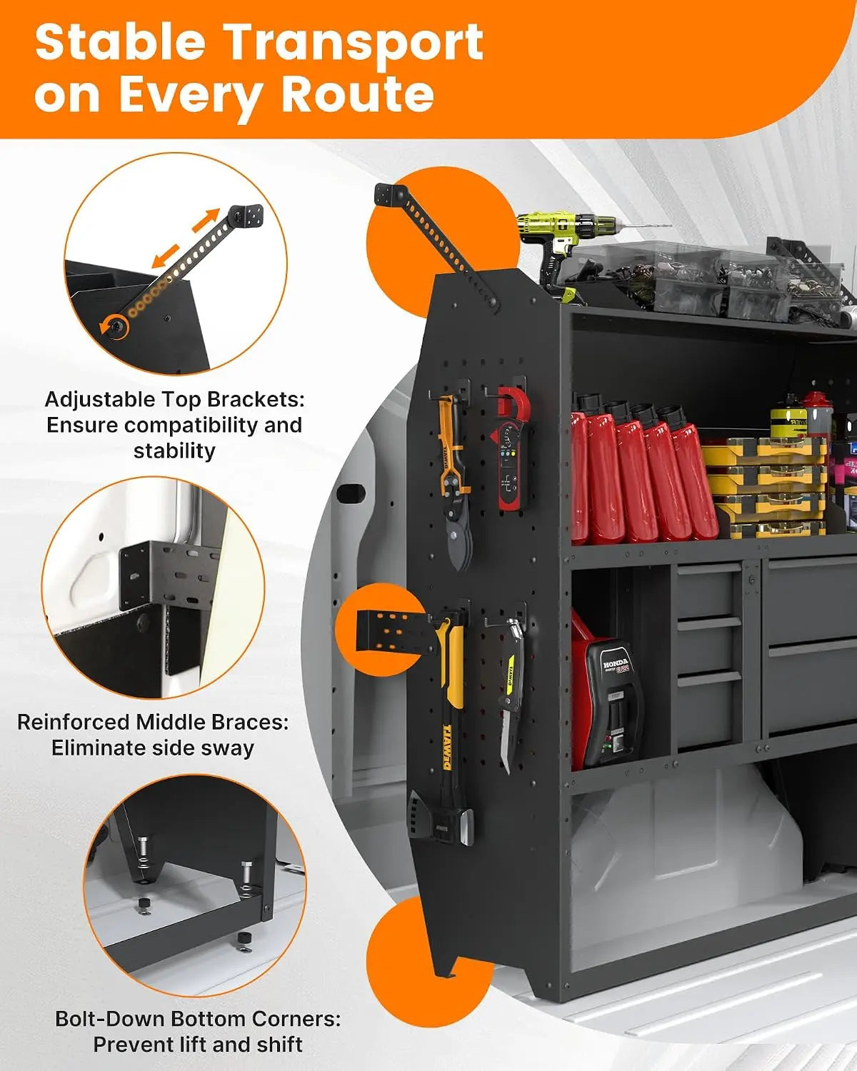 MELIPRON 46"H x 13"D Cargo Van Shelving Storage with Lockable Drawers for Ford Transit, RAM ProMaster, Chevy Express, Sprinter