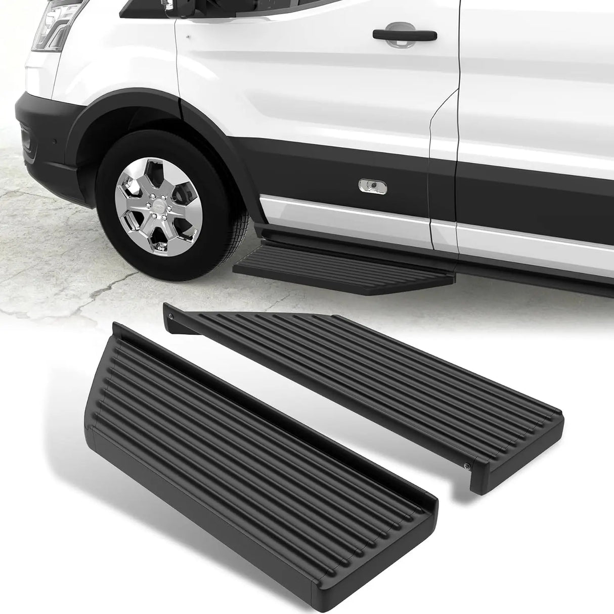 Running Board Fits for Ford Transit 150, 250, 350, Aluminum Rear Side Steps for Van No-Drilling Required-1