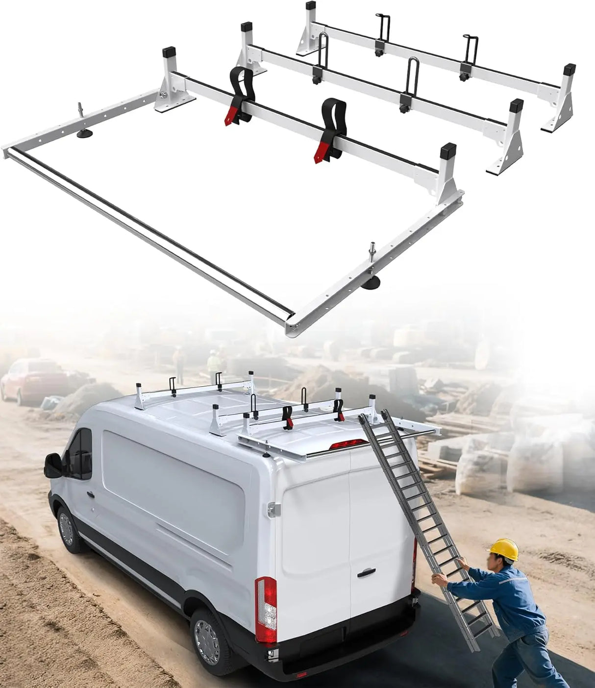 Cargo Van Roof Ladder Rack with 36" Rear Roller (NOT Affect Brake Light) Fit for Ford Transit 150 250 350, Low/Mid/High Roof, 800 Lbs Capacity Steel Ladder Rack for Van, No‑Drill Required-1