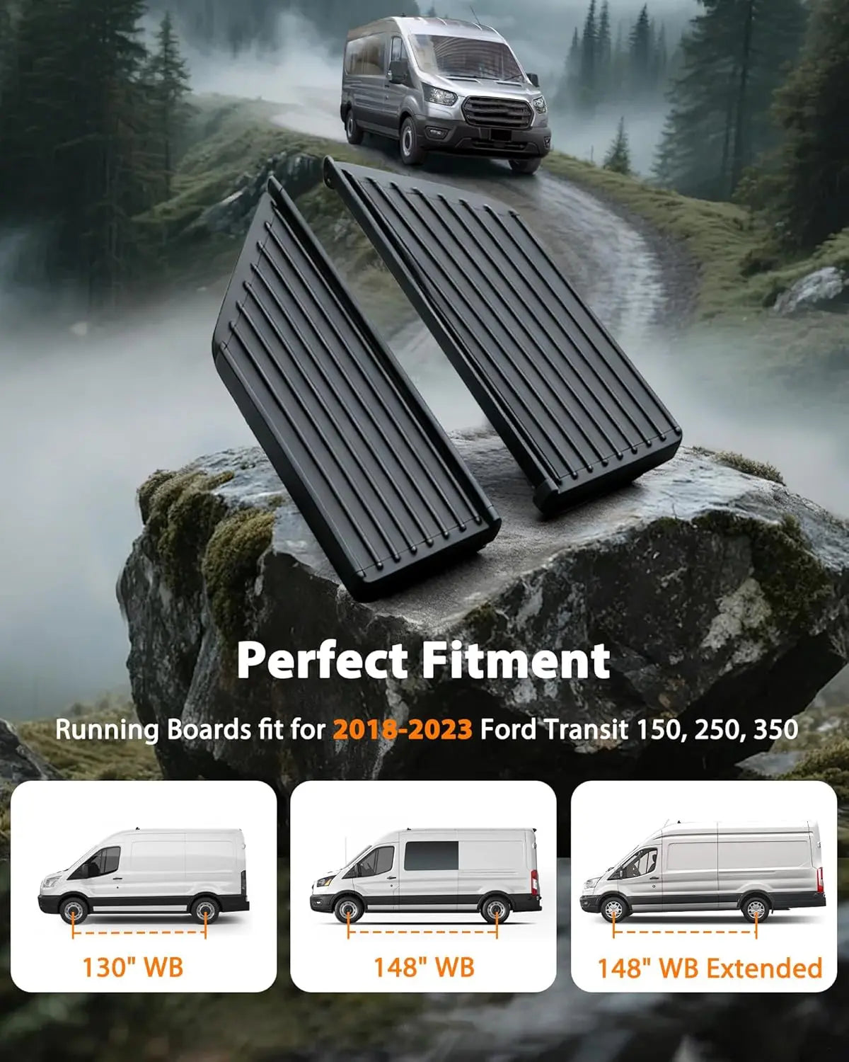 Running Board Fits for Ford Transit 150, 250, 350, Aluminum Rear Side Steps for Van No-Drilling Required-5