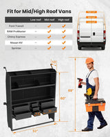 Melipron 60"H x 13"D Cargo Van Shelving Storage with Lockable Drawers for Ford Transit, RAM ProMaster, Chevy Express, Sprinter Mid & High Roof -1