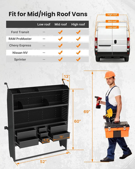 Melipron 60"H x 13"D Cargo Van Shelving Storage with Lockable Drawers for Ford Transit, RAM ProMaster, Chevy Express, Sprinter Mid & High Roof -1
