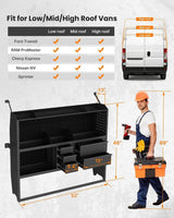 MELIPRON 46"H x 13"D Cargo Van Shelving Storage with Lockable Drawers for Ford Transit, RAM ProMaster, Chevy Express, Sprinter