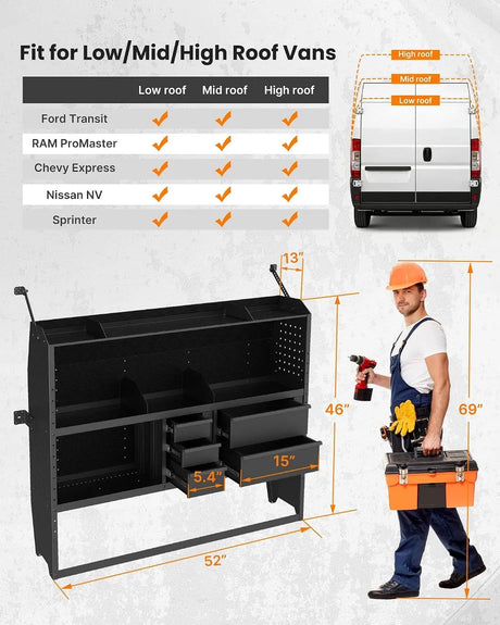 MELIPRON 46"H x 13"D Cargo Van Shelving Storage with Lockable Drawers for Ford Transit, RAM ProMaster, Chevy Express, Sprinter