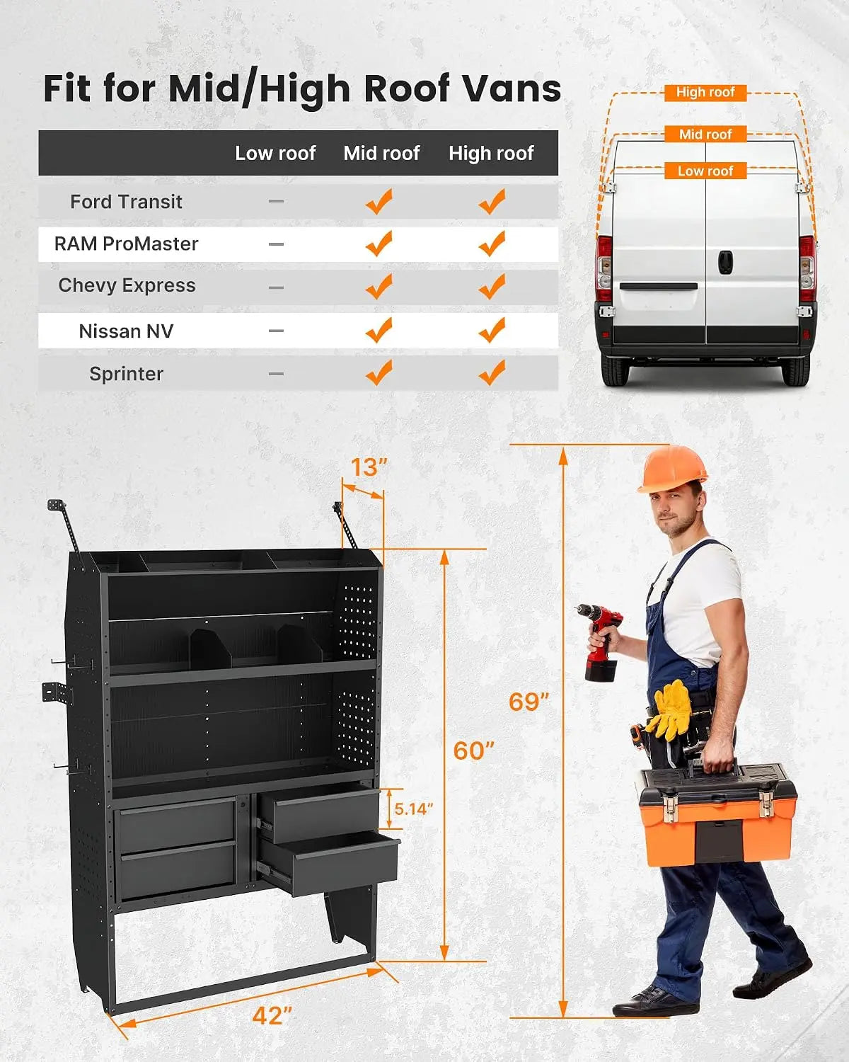 Melipron 60"H x 13"D Cargo Van Shelving Storage with Lockable Drawers for Ford Transit, RAM ProMaster, Chevy Express, Sprinter Mid & High Roof -2