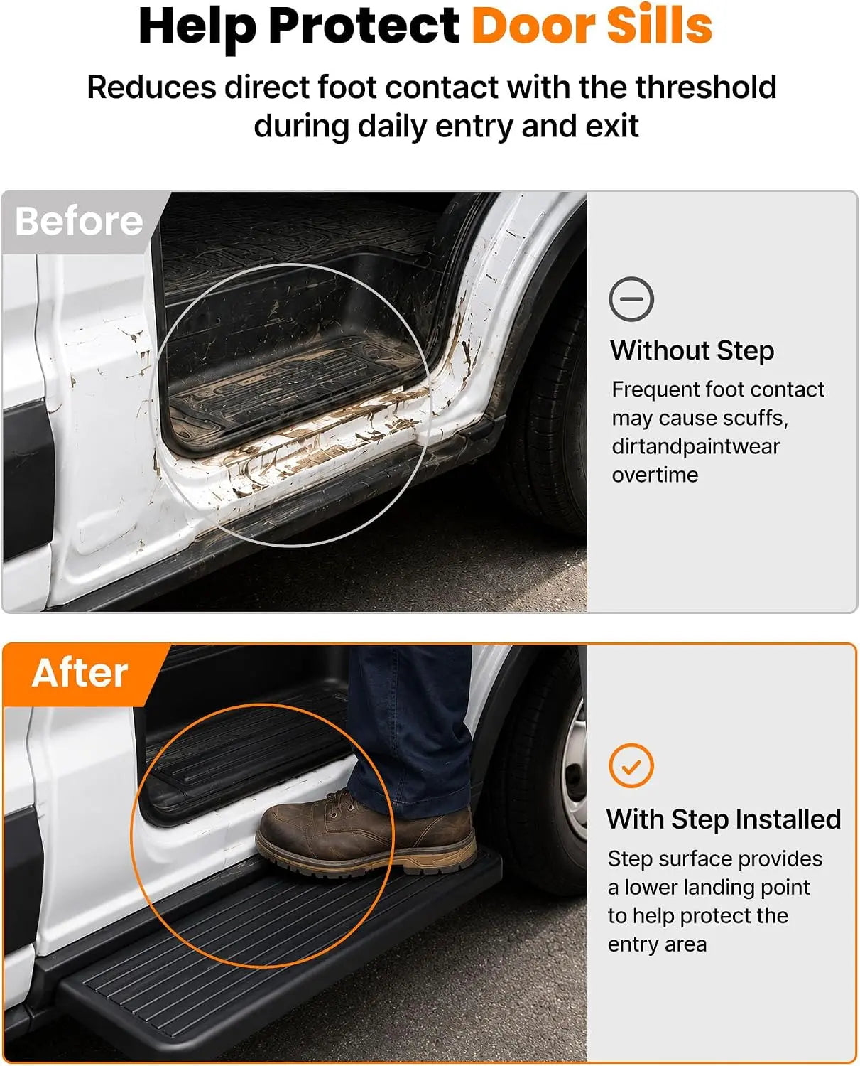 Running Board Fits for Ford Transit 150, 250, 350, Aluminum Rear Side Steps for Van No-Drilling Required-12