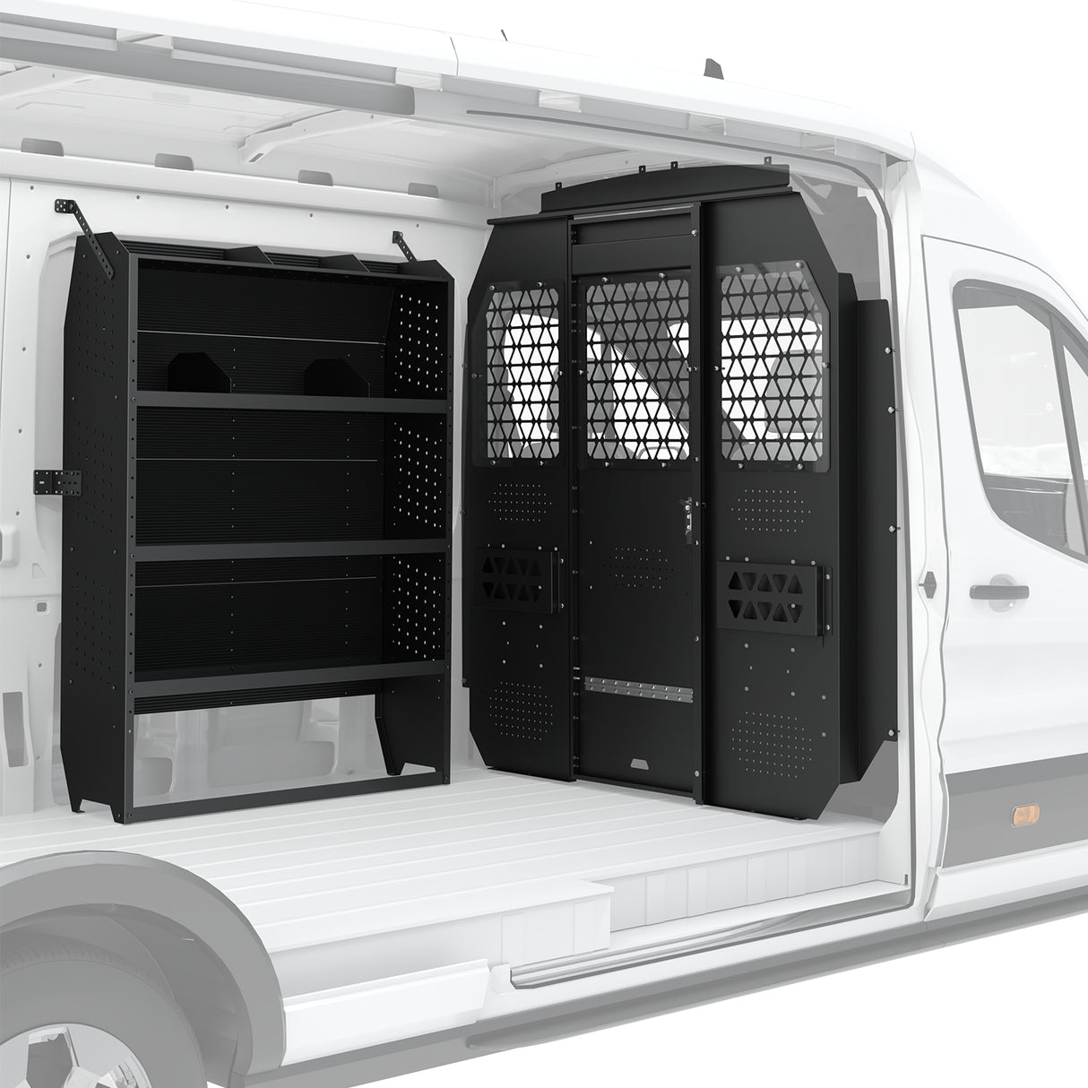 Melipron Ford Transit Van Partition & 32″ W x 60″ H x 13″ D Steel Shelving, Fits Transit 150/250/350 Mid-Roof 2014–2026