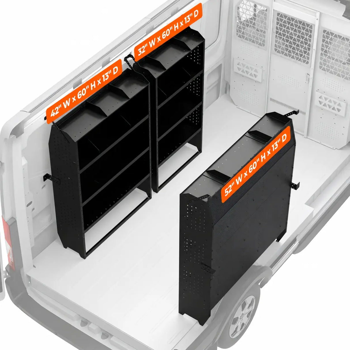 Melipron 3-Piece Steel Cargo Van Shelving, 32″ + 42″ + 52″ W x 60″ H x 13″ D, Complete Work Van Storage System