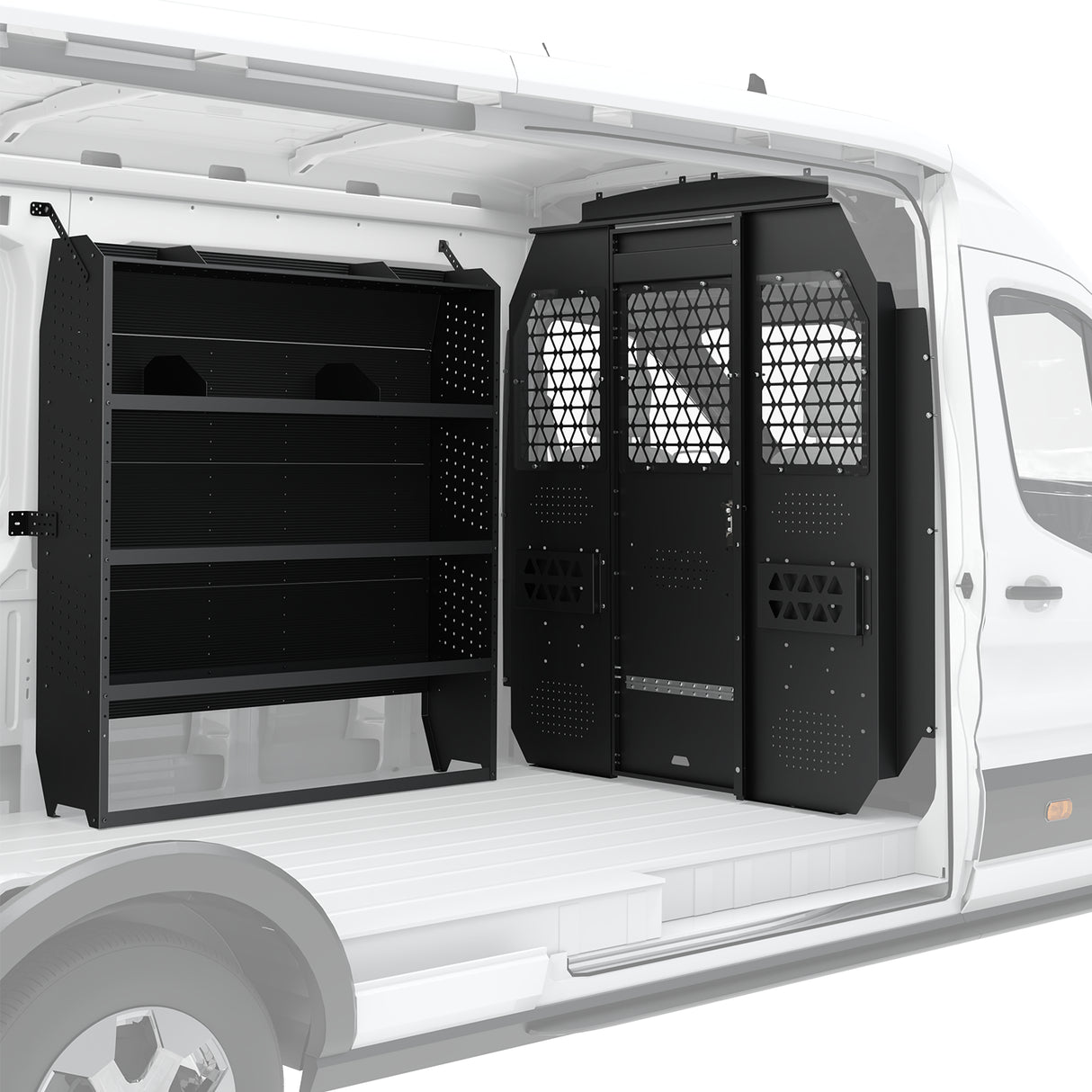 Melipron Ford Transit Van Partition & 42″ W x 60″ H x 13″ D Steel Shelving, Fits Transit 150/250/350 Mid-Roof 2014–2026
