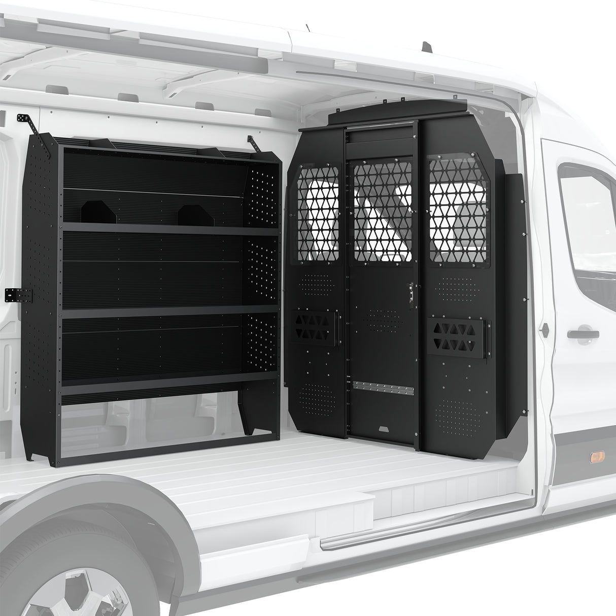 Melipron Ford Transit Van Partition & 52″ W x 60″ H x 13″ D Steel Shelving, Fits Transit 150/250/350 Mid-Roof 2014–2026